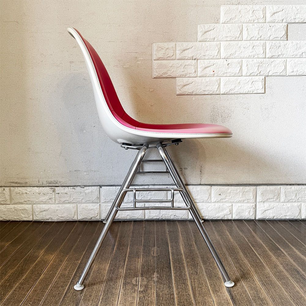ハーマンミラー Herman Miller サイドシェルチェア FRP製 3rdビンテージ ホワイトシェル PVCレザー ピンク スタッキングベース C&R イームズ ミッドセンチュリー ◎
