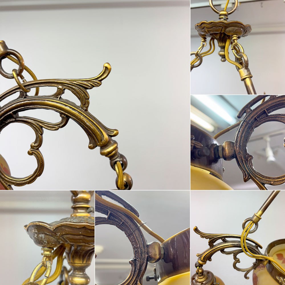 エミール・ガレ スタイル  Émile Gallé Style シャンデリア カメオ彫り 4灯 ガラス アンティークブロンズ  ●