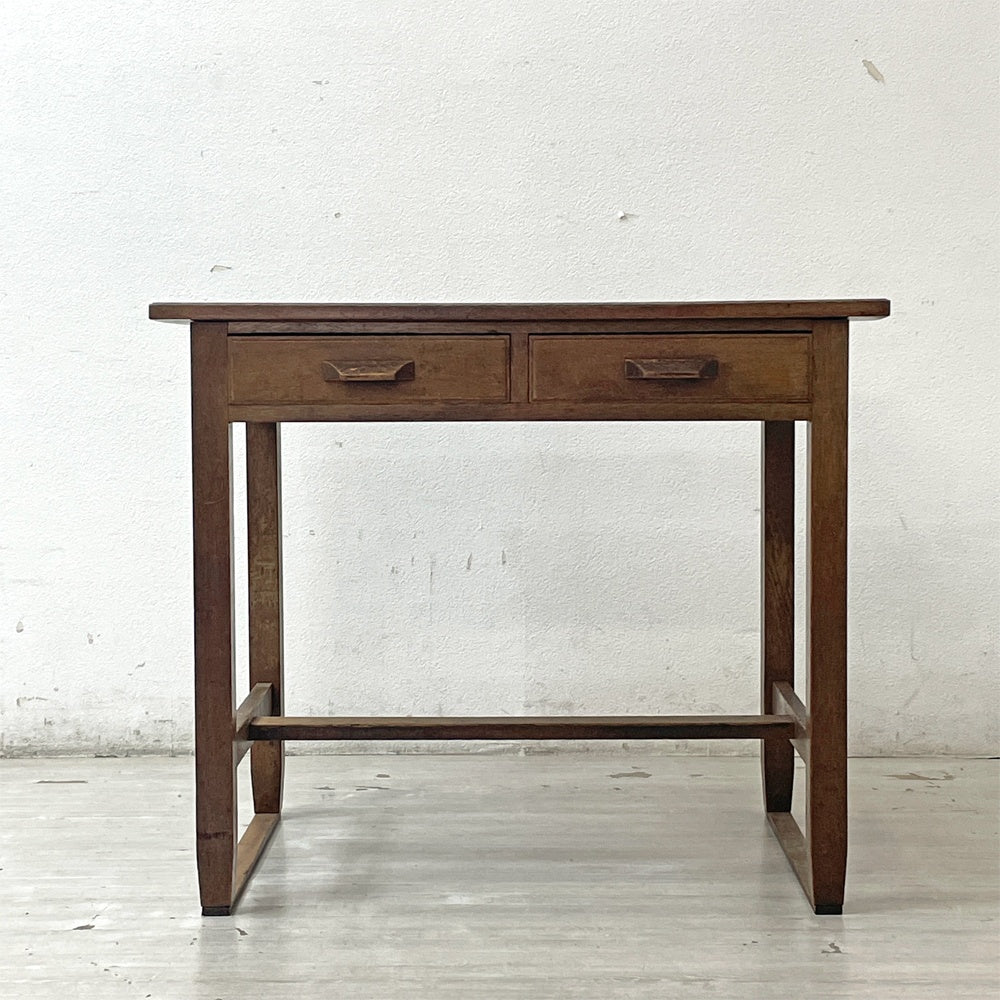 ジャパンビンテージ 木製デスク 抽斗2杯 レトロ家具 vintage ●
