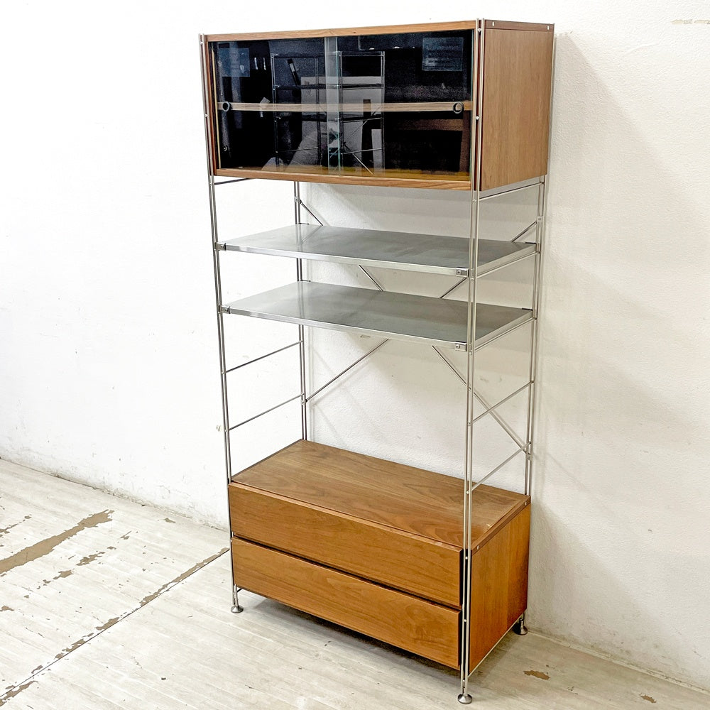 無印良品 MUJI ステンレスユニットシェルフ ウォールナット 棚板×2枚 抽斗2段 ガラス戸 W85.5cm H175.5cm 収納家具 ●