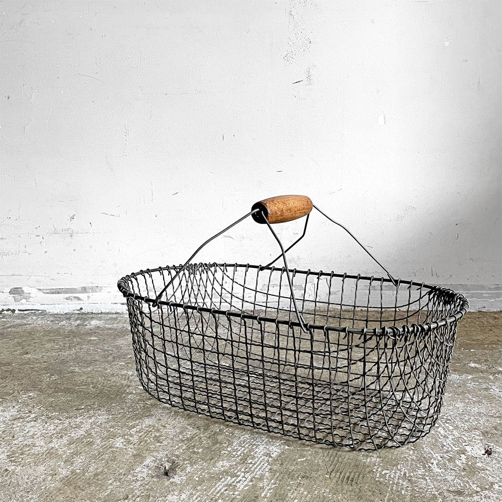 ビンテージ vintage ワイヤーバスケット ガーデンバスケット ウッドハンドル スチール製 ■