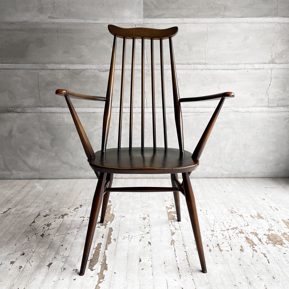 アーコール Ercol ゴールドスミス ダイニングチェア アームチェア コロニアル ハイバック エルム材 ダークブラウン UKビンテージ 英国家具 ♪