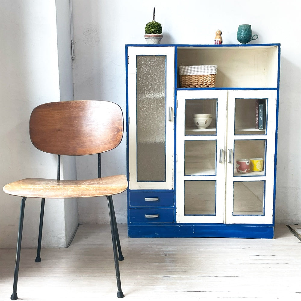 ジャパンビンテージ Japan Vintage ペインテッド ガラスキャビネット Painted Cabinet リメイク 古家具 古道具 型板ガラス ★