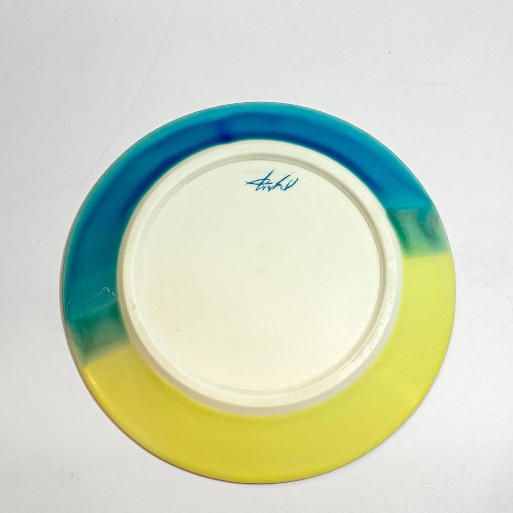 あわびウェア Awabi ware 二彩7寸平皿 プレート デザートプレート Φ20cm うつわ イエロー×ブルー 陶器 現代作家 B ★