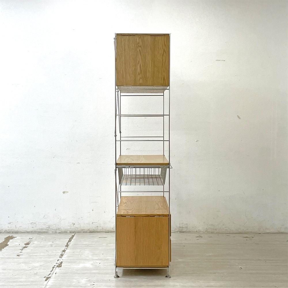 無印良品 MUJI ステンレスユニットシェルフ オーク材 食器棚 本棚 飾り棚 収納棚 H175.5cm ガラス引き戸 引出し付 ●