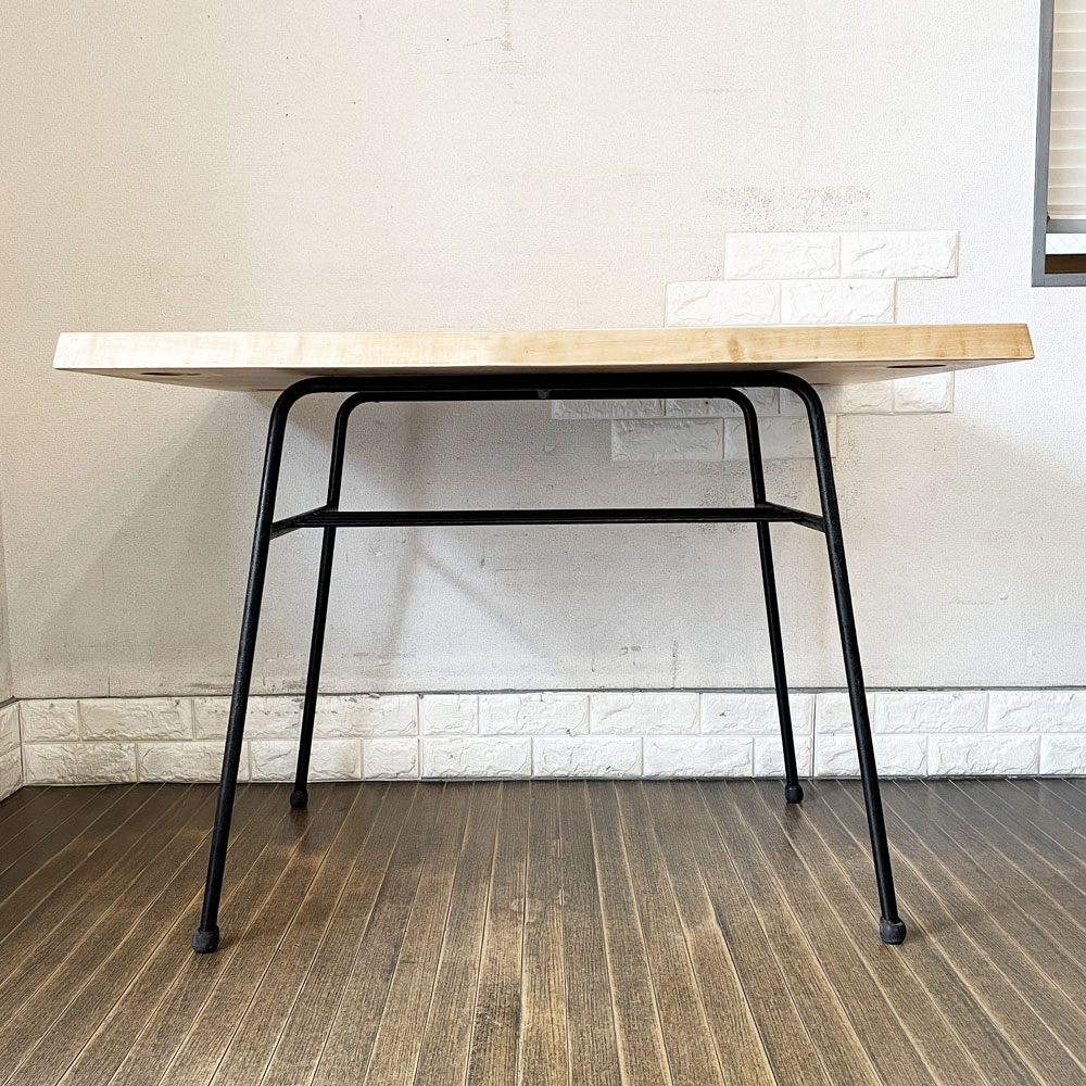 ビンテージスタイル Vintage Style 耳付き無垢材 × 鉄脚 ダイニングテーブル ワークテーブル 作業台 W105cm インダストリアル リメイク家具 ◎