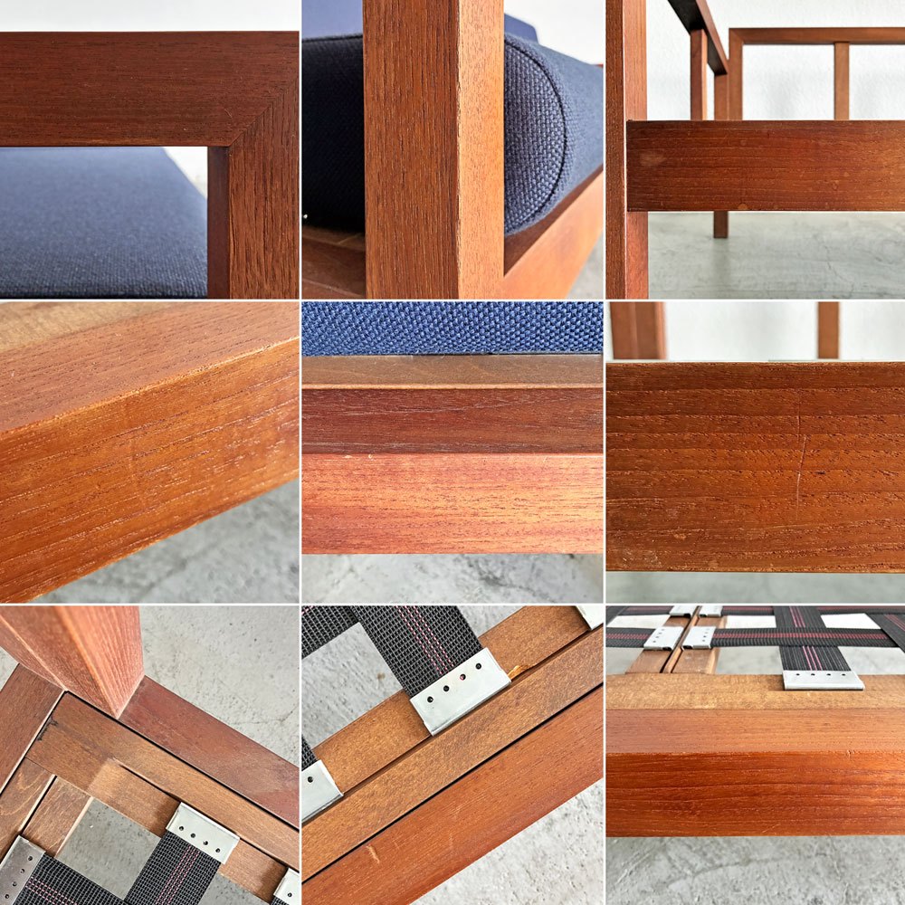 ジャクソンファニチャー Jackson Furniture チーク材 3シーターソファ 3人掛け W207cm ファブリック ネイビー系 座面ウレタン交換＆カバー張替済 USビンテージ 〓