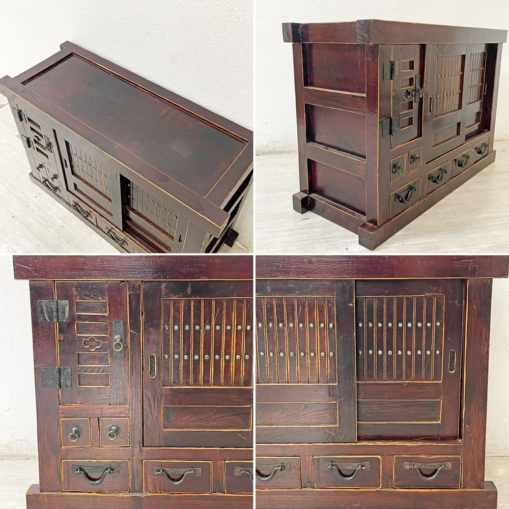 ジャパンビンテージ Japan Vintage 水屋箪笥 時代箪笥 抽斗6杯 開き戸 引き戸 W90cm 小型箪笥 和箪笥 チェスト 和家具 古家具 ●