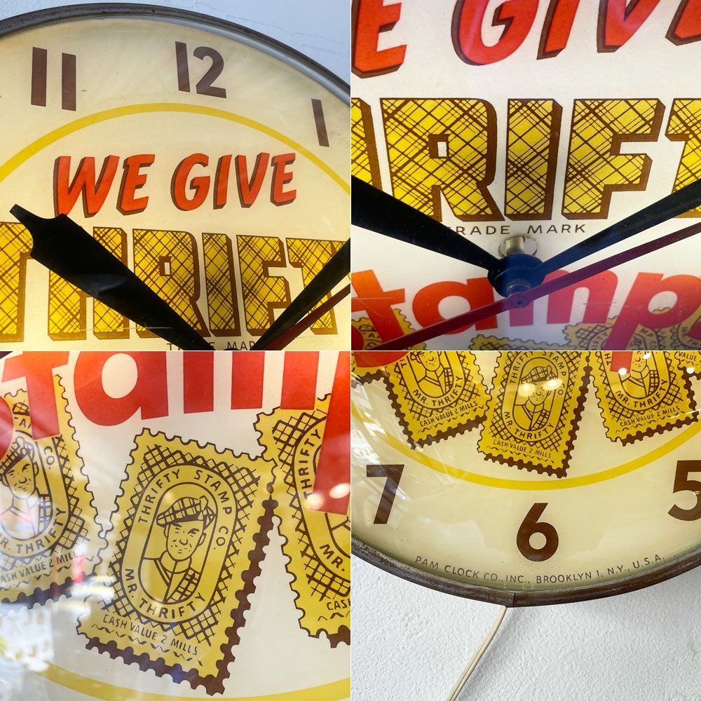PAM Clock Co. Thrifty Stamps 電飾サインクロック 照明付き時計 USビンテージ  50s 60s 時計不動 ★