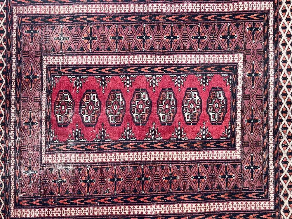 ビンテージ Vintage トライバルラグ トルクメン Turkmen ラグ 玄関マット 83×62cm ギュル文様 レッド系 イラン トルクメニスタン ◎