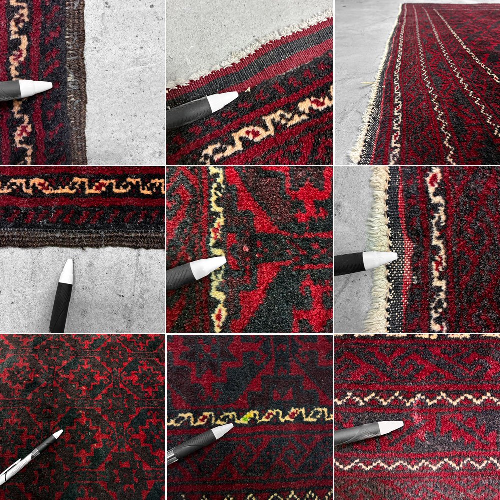 ビンテージ Vintage トルクメン トライバルラグ カーペット 絨毯 ワインレッド 213×125cm アンティーク調 ●