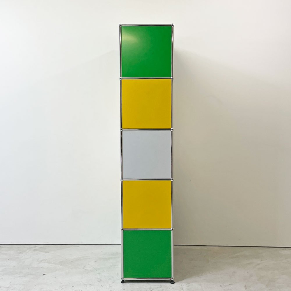 USMハラー USM Haller モジュラーファニチャー キャビネット シェルフ 1列5段 ドロップダウンドア×2 USMグリーン ゴールデンイエロー ピュアホワイト スイス 鍵付き ●