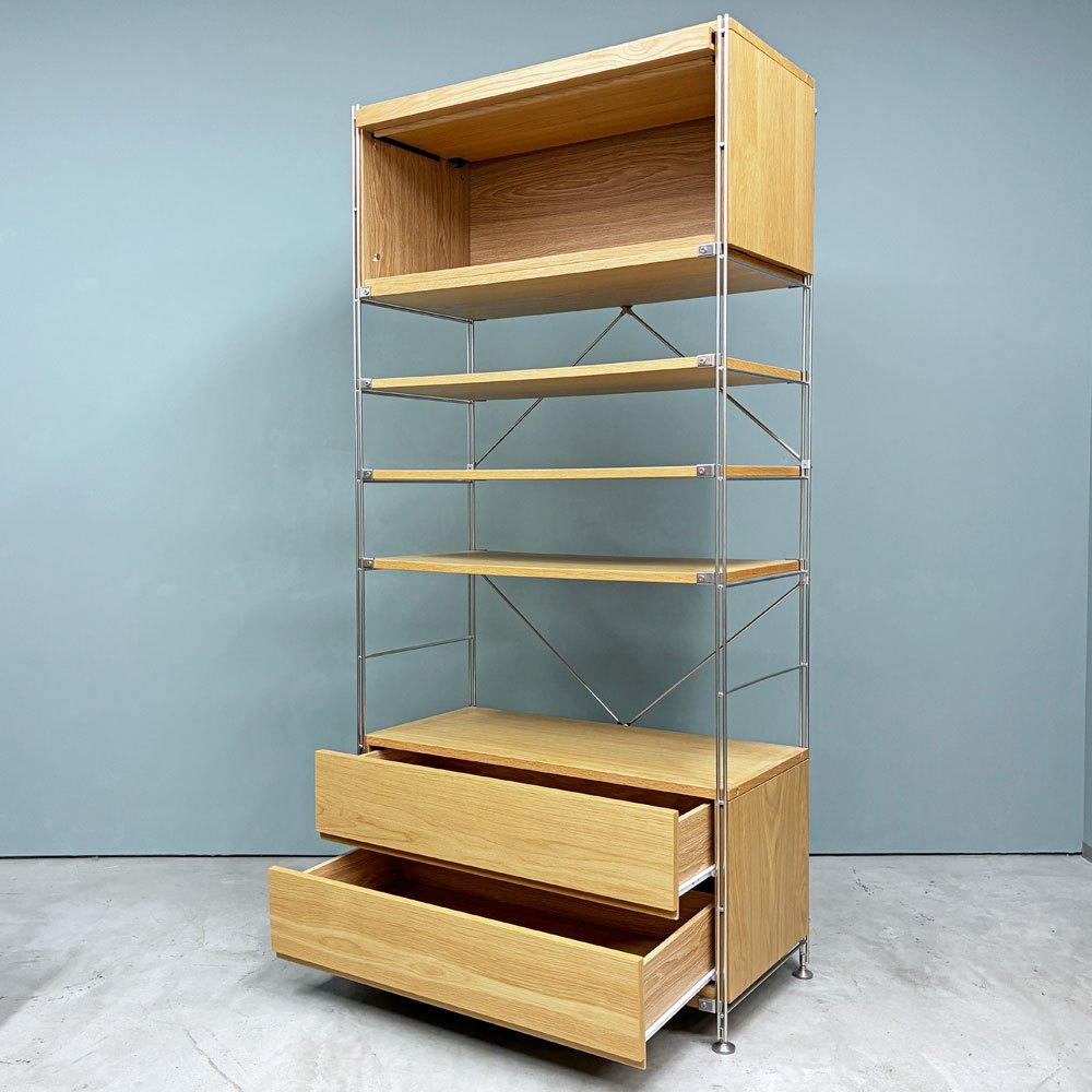 無印良品 MUJI ステンレスユニットシェルフ 1列7段 W86cm フラップ扉＆引き出しユニット付 オーク材 ◎