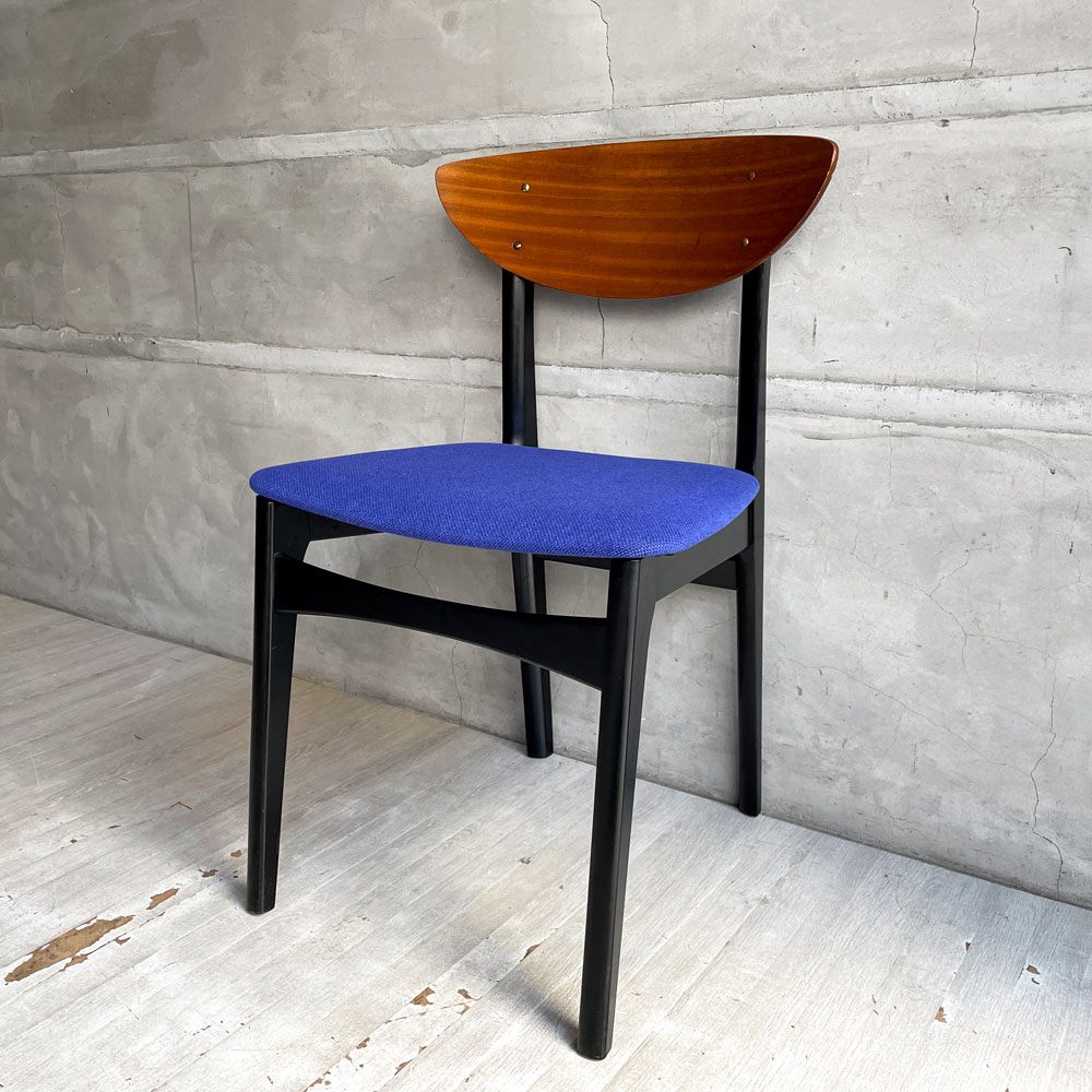 ネイサンファニチャー NATHAN Furniture  ダイニングチェア チークプライウッド ブラックフレーム ファブリック ブルー系カラー 英国 UKビンテージ 張り替え済み A ♪