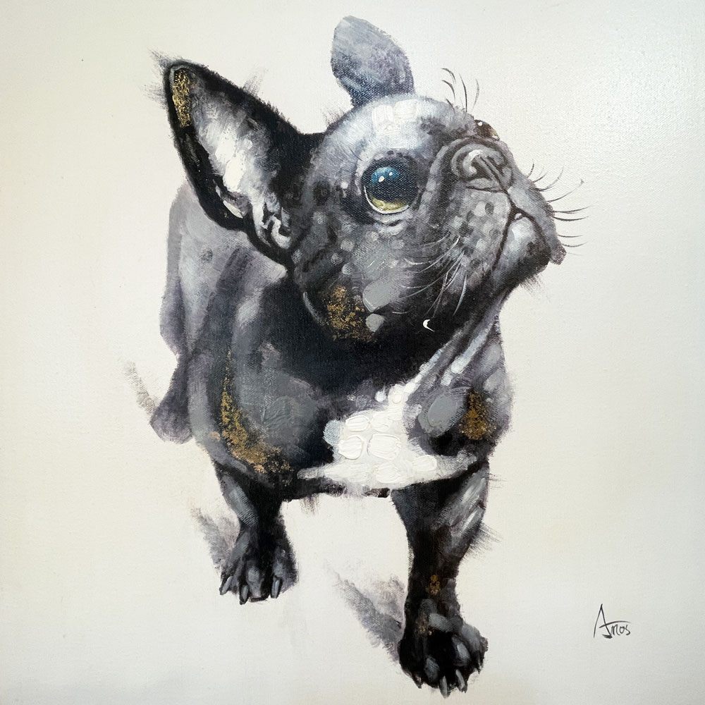 リビングハウス LIVING HOUSE アートペイント 見上げるフレンチブルドッグ 犬 60x60cm キャンバス画 壁掛けインテリア ◎