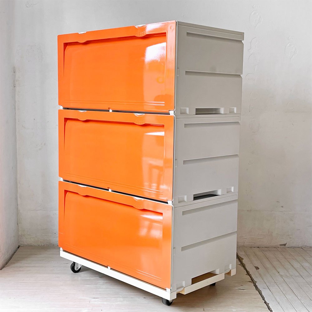 タッパーウェア Tupperware スーパーチェスト ワイド Super chest Wide 引出1段 オレンジ 3段セット 専用カート付 ★