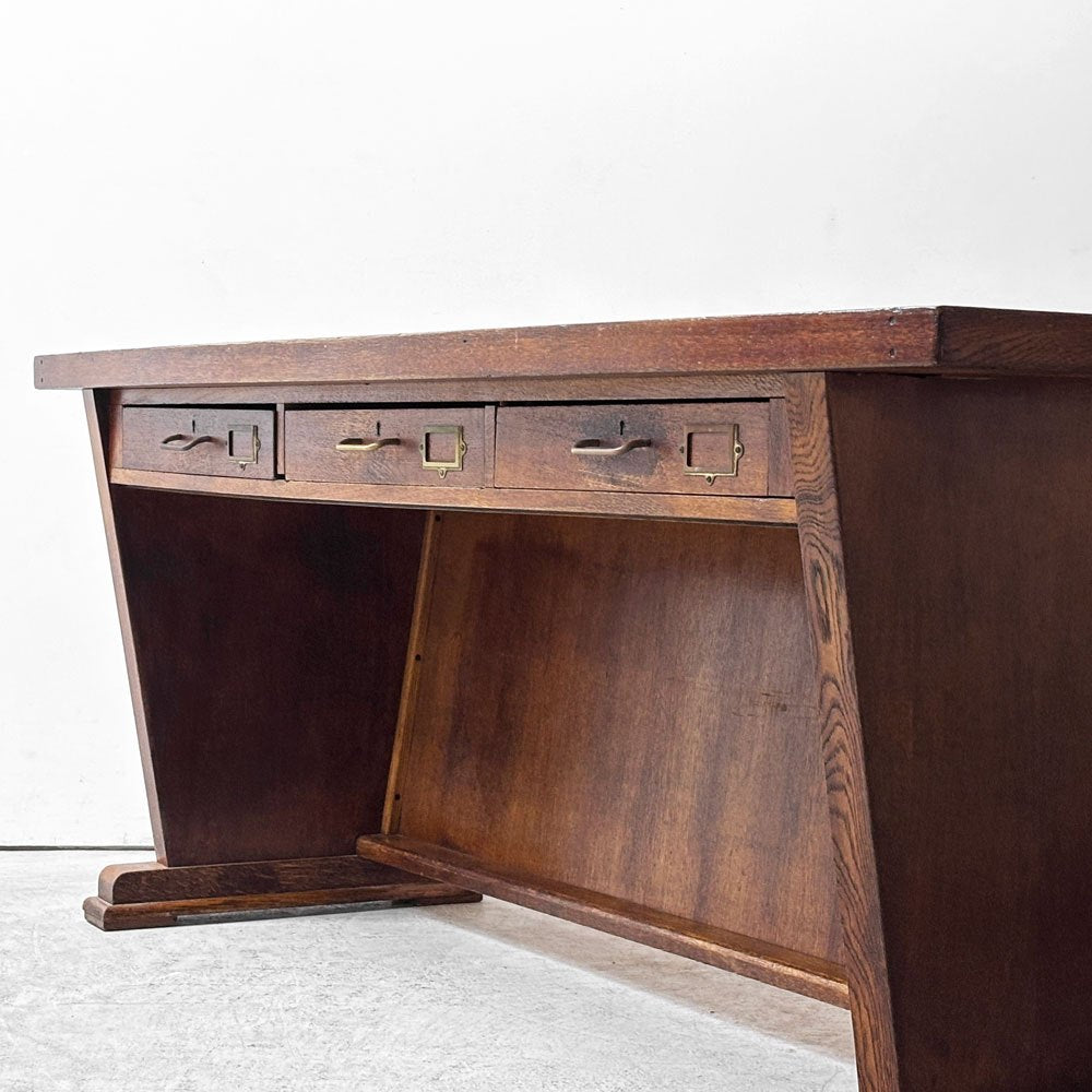 UKビンテージ UK Vintage オーク材 デスク 3ドロワー アーチ形天板 テーブル W197.5cm 英国家具 アンティーク ●