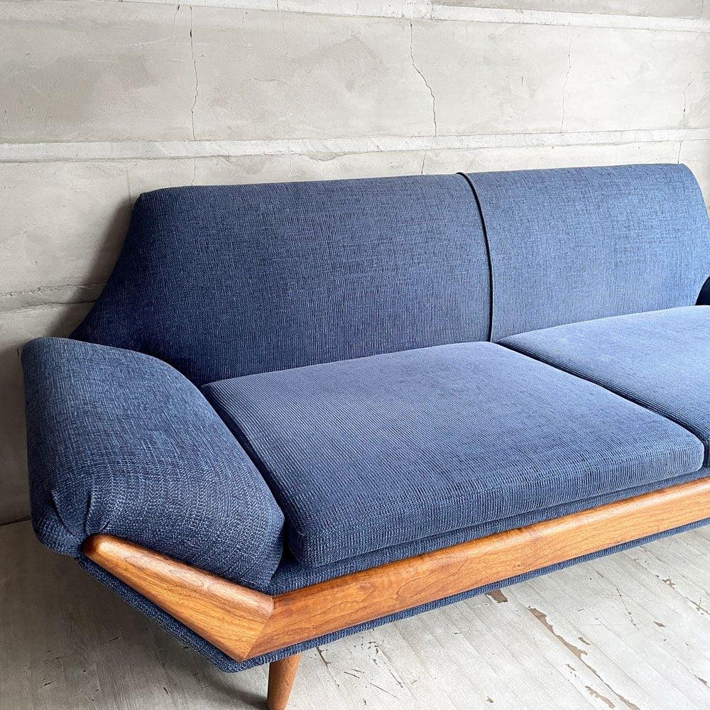 パームスプリングス Palm Springs オリジナルソファ 3Pソファ 3人掛け ネイビー系ファブリック ウォールナット ビンテージデザイン ミッドセンチュリースタイル ♪