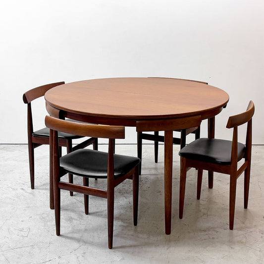 フレムロジェ Frem Rojle ディネッテ Dinette エクステンション ラウンド ダイニングテーブル & ダイニングチェア 4本脚×4脚 計5点セット ハンス・オルセン Hans Olsen 北欧家具 ビンテージ ●