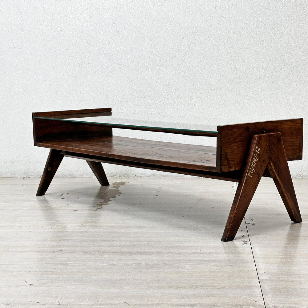 ピエールジャンヌレ Pierre Jeanneret コーヒーテーブル Coffee Table チーク無垢材 ガラス チャンディーガル レター有り 1960‘s ビンテージ PU/CH/-12 ●