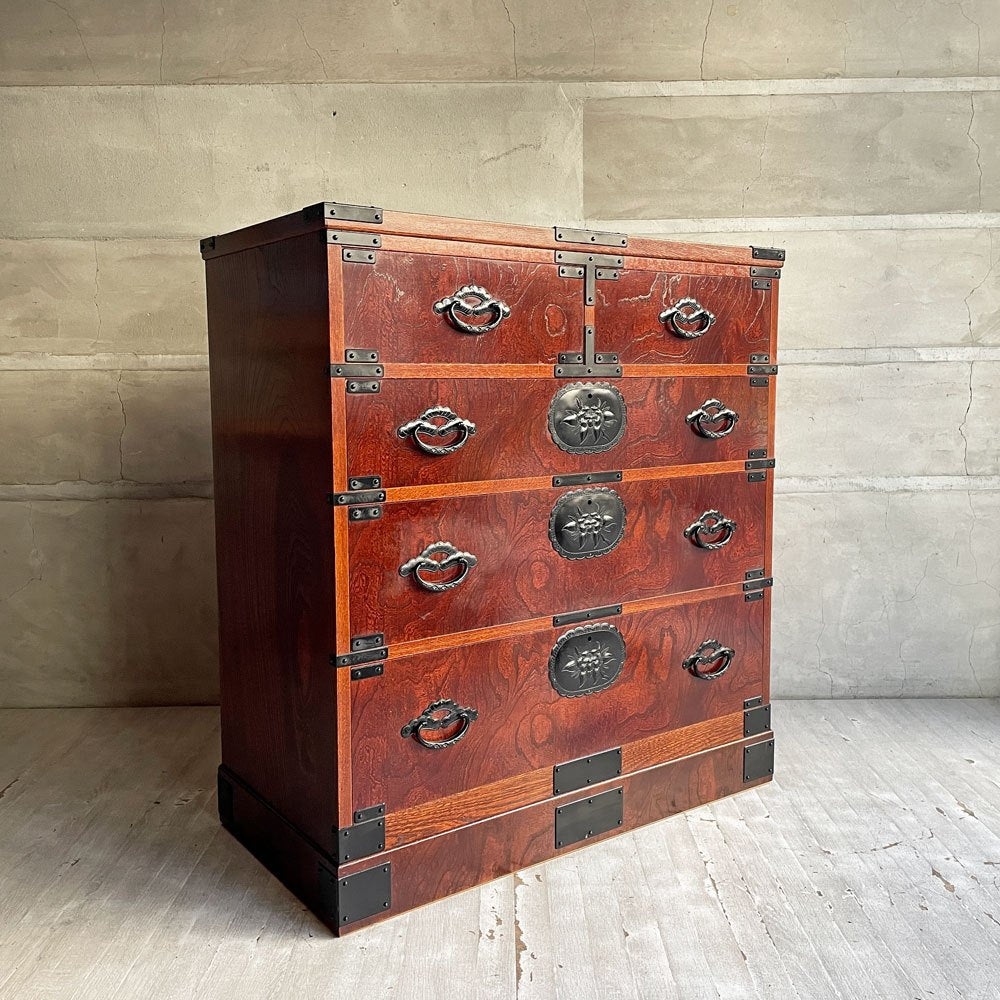 民芸箪笥 欅材 4段 抽斗5杯 整理ダンス チェスト 和箪笥 和家具 民藝 ♪