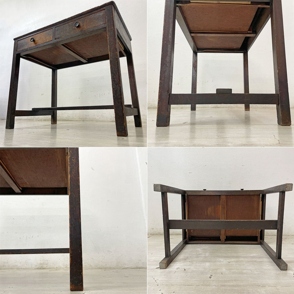 ジャパンビンテージ Japan Vintage 古い木味のデスク 抽斗2杯 レトロ家具 W90cm ●