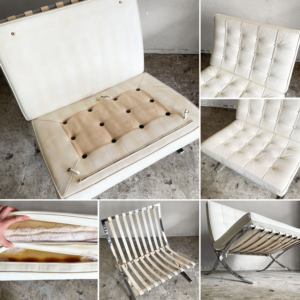 バルセロナチェア Barcelona Chair 1シーター レザー ホワイト リプロダクト品 1シーターソファ ミース・ファン・デル・ローエ モダンデザイン ■