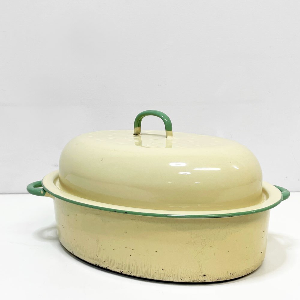 コクムス KOCKUMS ホーロー オーバル キャセロール W37cm ベージュ グリーン ビンテージ ●