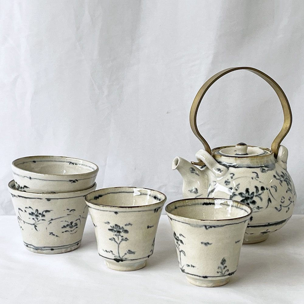 藤田佳三 染付急須 ポット 把手付き 陶器 真鍮 植物 花 現代作家 ◇