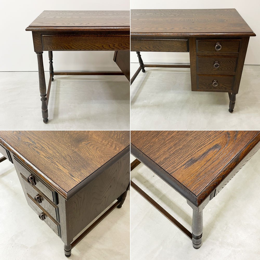 横浜元町 竹中家具 オーク材 片袖デスク 机 抽斗4杯 W106cm ろくろ脚 クラシカルデザイン 昭和レトロ ●