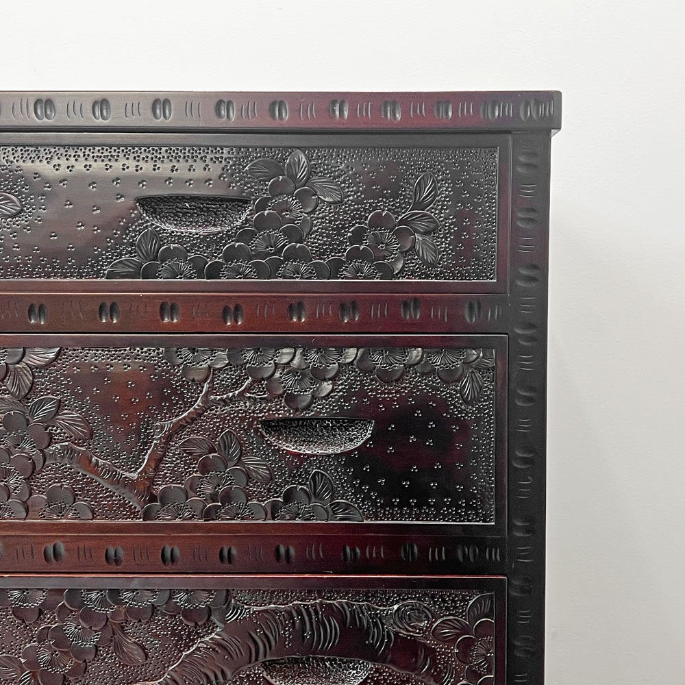 軽井沢彫 箪笥 チェスト 7段 抽斗8杯 桜彫刻 星打ち 細密彫刻 伝統工芸品 民藝家具 ●