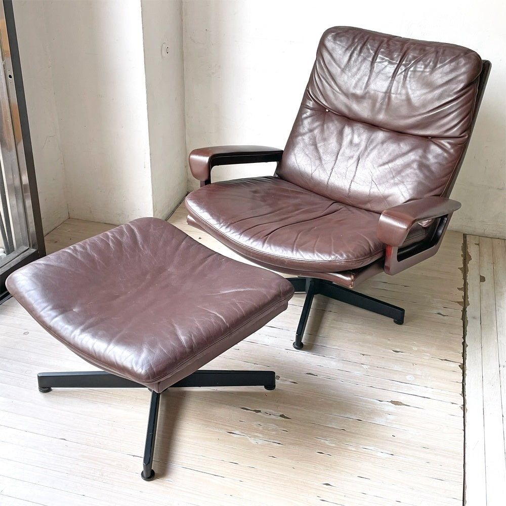 シュトレッセル Strassle ビンテージ キングチェア King chair + キングフットスツール King footstool レザー イージーチェア ブラウン スイス ★