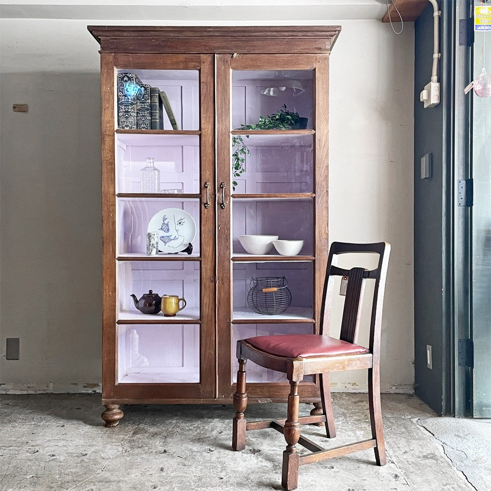 オールドメゾン old maison 木製ガラスキャビネット 5段 ブックケース シェルフ 無垢材 古材 ブラウン x ピンク 扉収納 H183cm ■