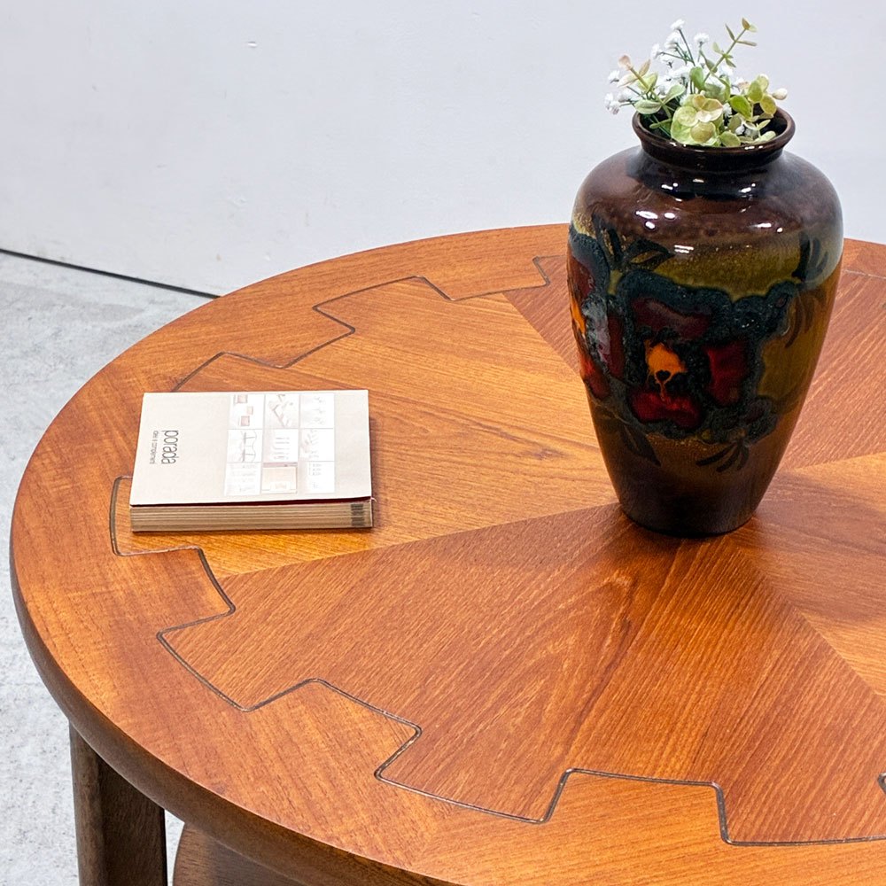 ネイサンファニチャー NATHAN Furniture チーク材 ラウンド コーヒーテーブル センターテーブル コグ 歯車模様 英国ビンテージ ●
