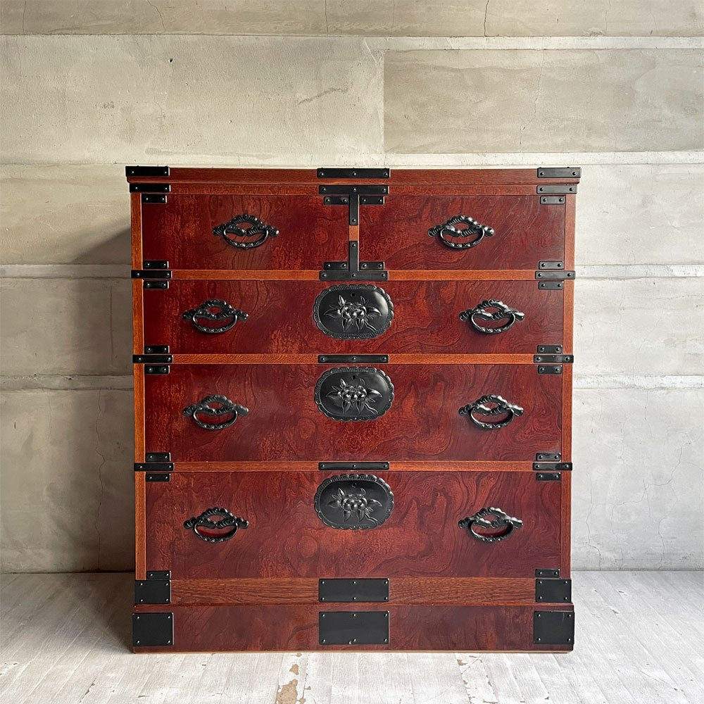 民芸箪笥 欅材 4段 抽斗5杯 整理ダンス チェスト 和箪笥 和家具 民藝 ♪