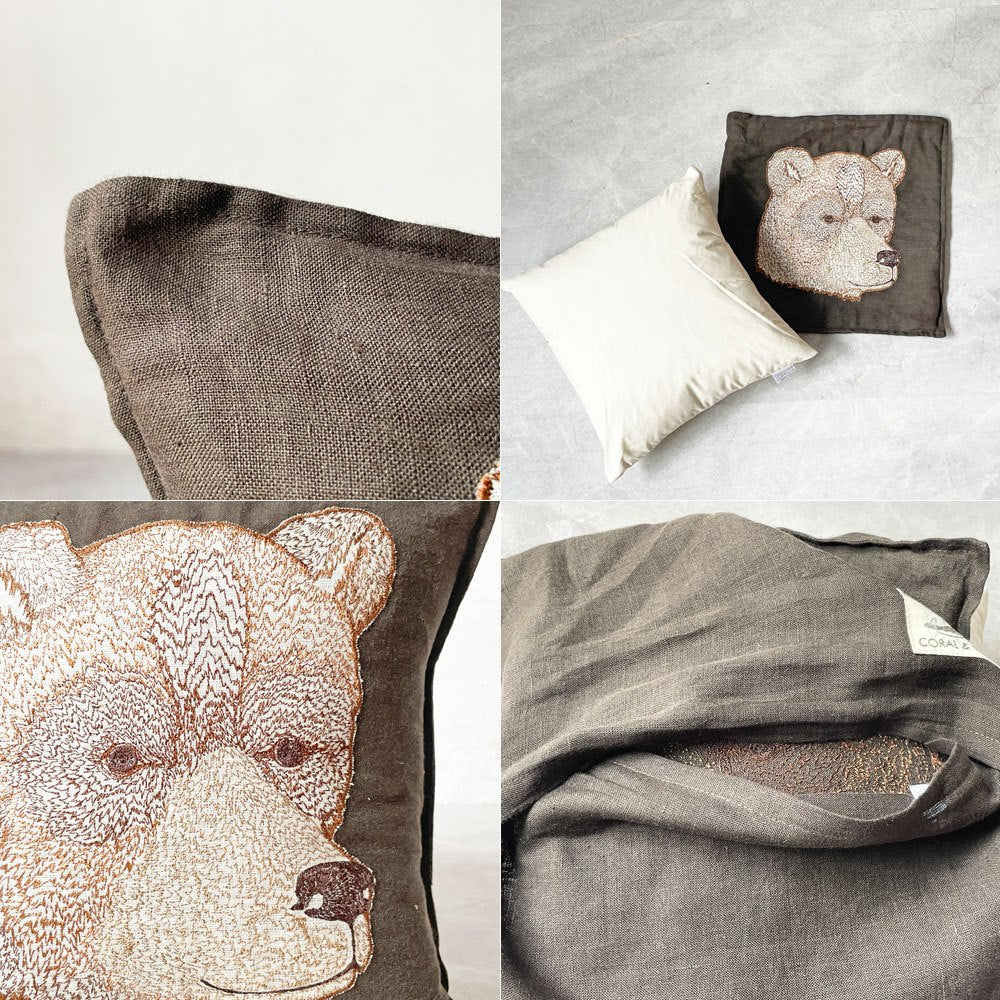 コーラルアンドタスク Coral & Tusk ベアーアップリケピロー Bear Applique Pillow 30×30cm クッション ブラウン リネン 刺繍 ★