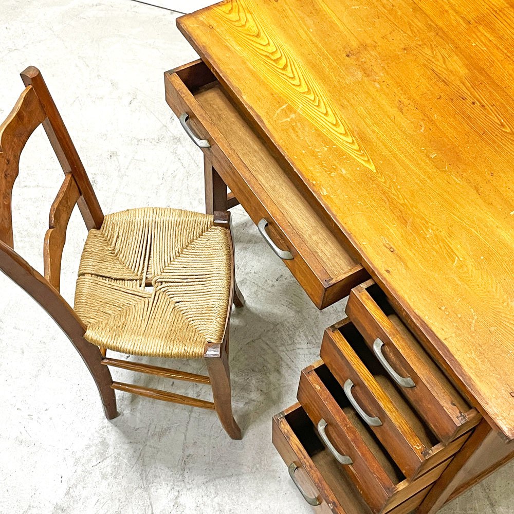 ジャパンビンテージ Japan Vintage 古い木味の片袖机 デスク 抽斗5杯 古家具 レトロ ●