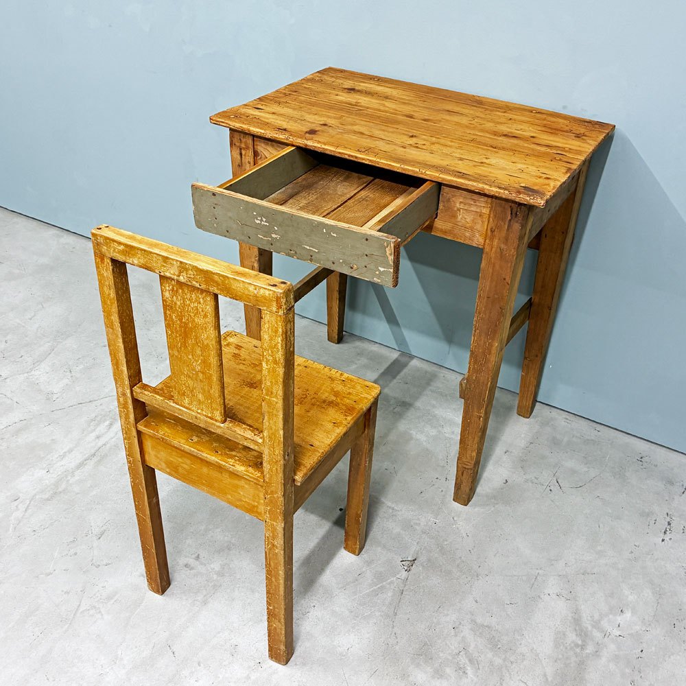 ビンテージ Vintage スモールデスク＆チェア キッズデスク＆チェア 木製 学校椅子 幼稚園イス 踏み台 什器 飾り棚 レトロ 古道具 ◎