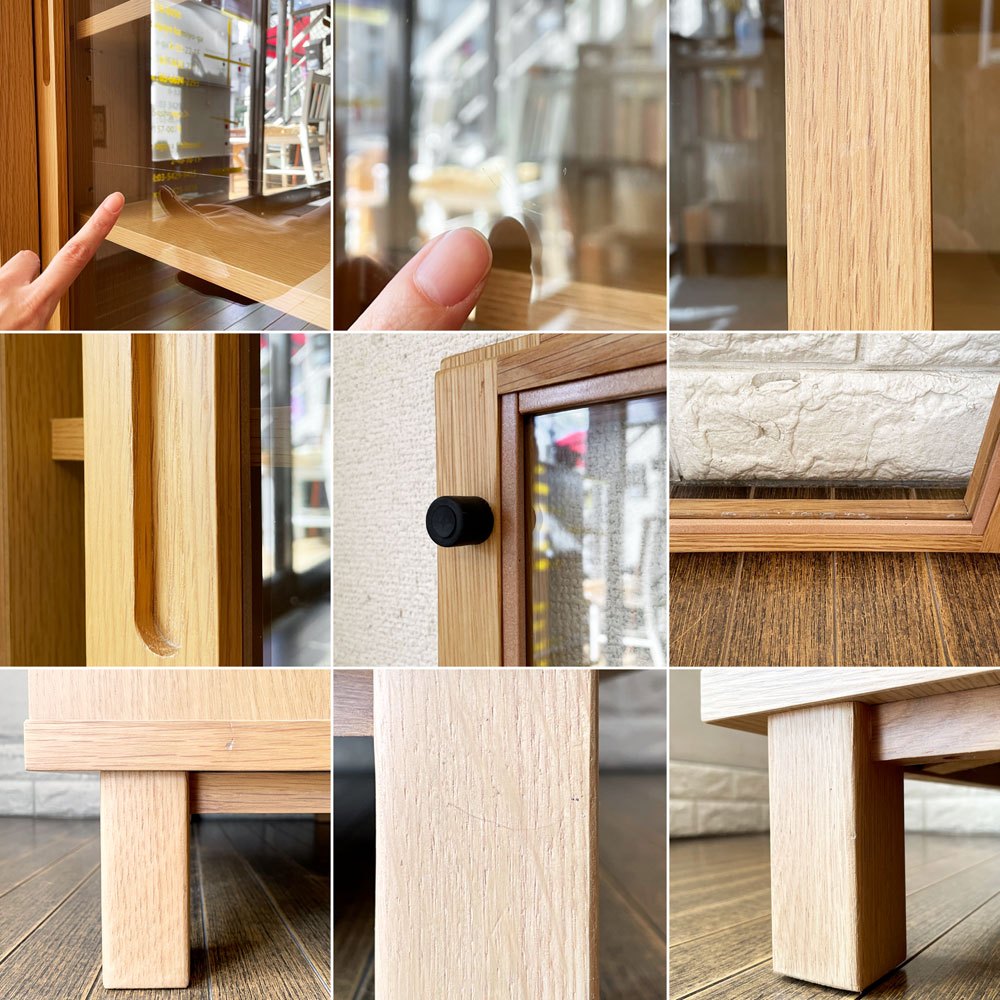 無印良品 MUJI オーク材 ガラスキャビネット 食器棚 キッチンボード ガラス扉 引き戸 W80cm ナチュラル 廃番 ◎