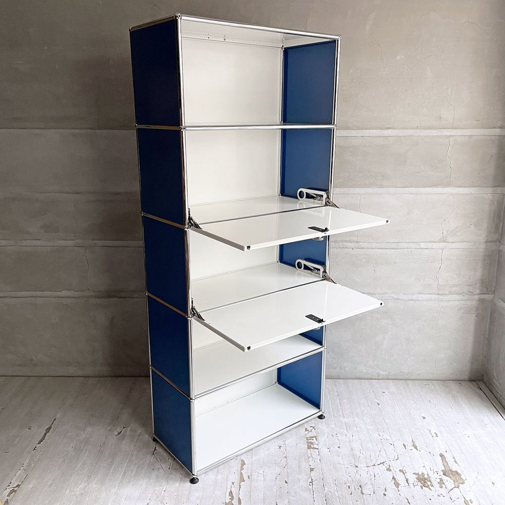 ユーエスエムハラー USM Haller モジュラーファニチャー キャビネット シェルフ 1列5段 ピュアホワイト×ジェンシャンブルー ドロップダウンドア×2 アジャスター付 スイス♪