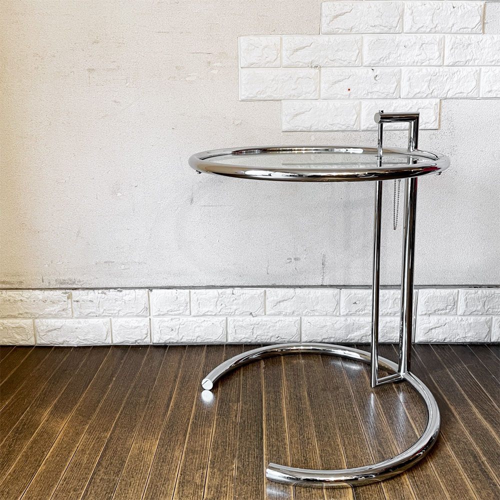 クラシコン ClassiCon アジャスタブルテーブル E1027 サイドテーブル ガラストップ クロームフレーム Φ50.5cm アイリーン・グレイ ドイツ 定価￥217,800- ◎