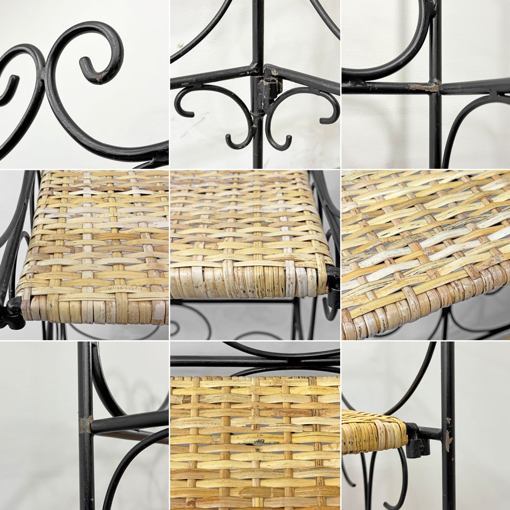 ロートアイアンｘラタン クラシカルデザイン シェルフ 3段 棚板着脱可能 フォールディング 折畳 籐 アンティーク調 店舗什器 ●