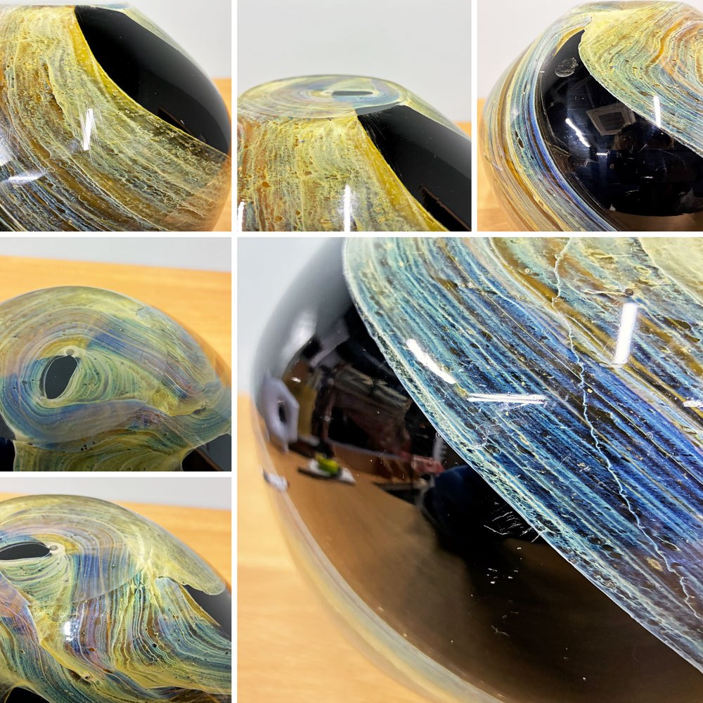 ビンテージ Vintage フラワーベース 花器 マーブル柄 ガラス オブジェ モダン ブラック×グリーン×イエロー ◎