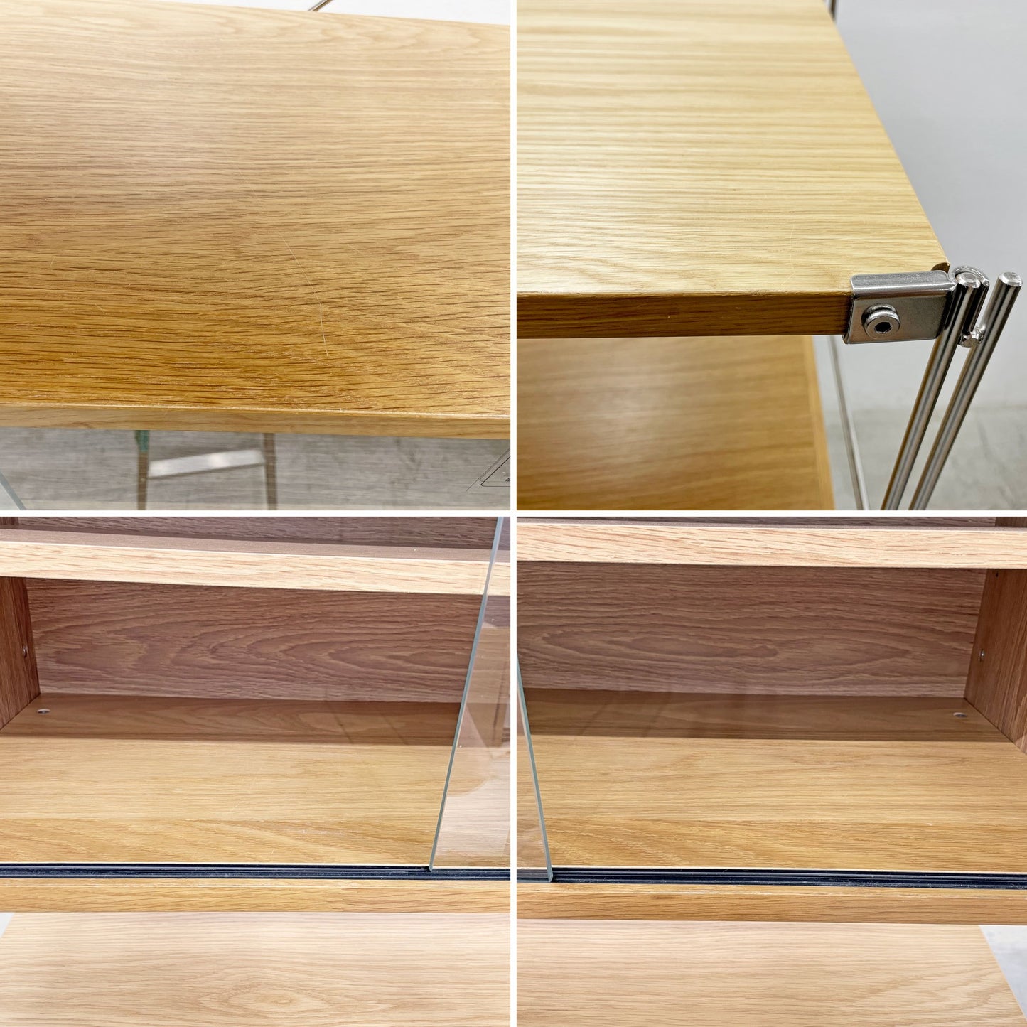 無印良品 MUJI ステンレスユニットシェルフ オーク材 オープンシェルフ 本棚 飾り棚  棚板3枚 ガラス引戸 引出し2段 W86cm x H212.5cm 〓