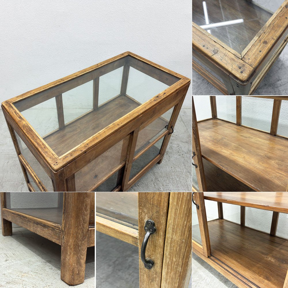 オールドメゾン old maison ガラスｘ木製 ショーケース 2段 飾り棚 引き戸 収納 ディスプレイ 店舗什器 ビンテージデザイン ●
