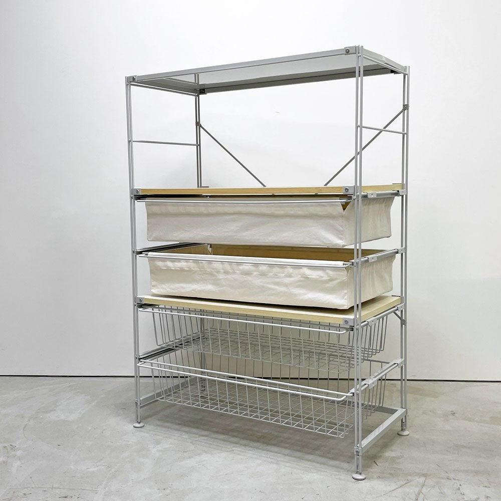無印良品 MUJI スチールユニットシェルフ 5段 W84 H120㎝ 木製棚板 帆布 ワイヤー バスケット 4杯 ●