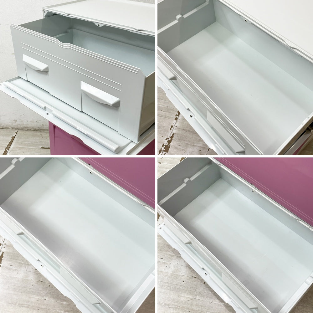 タッパーウェア Tupperware スーパーチェスト ワイド Super chest Wide 引出1段 ピンク 3段セット 専用カート付 ●
