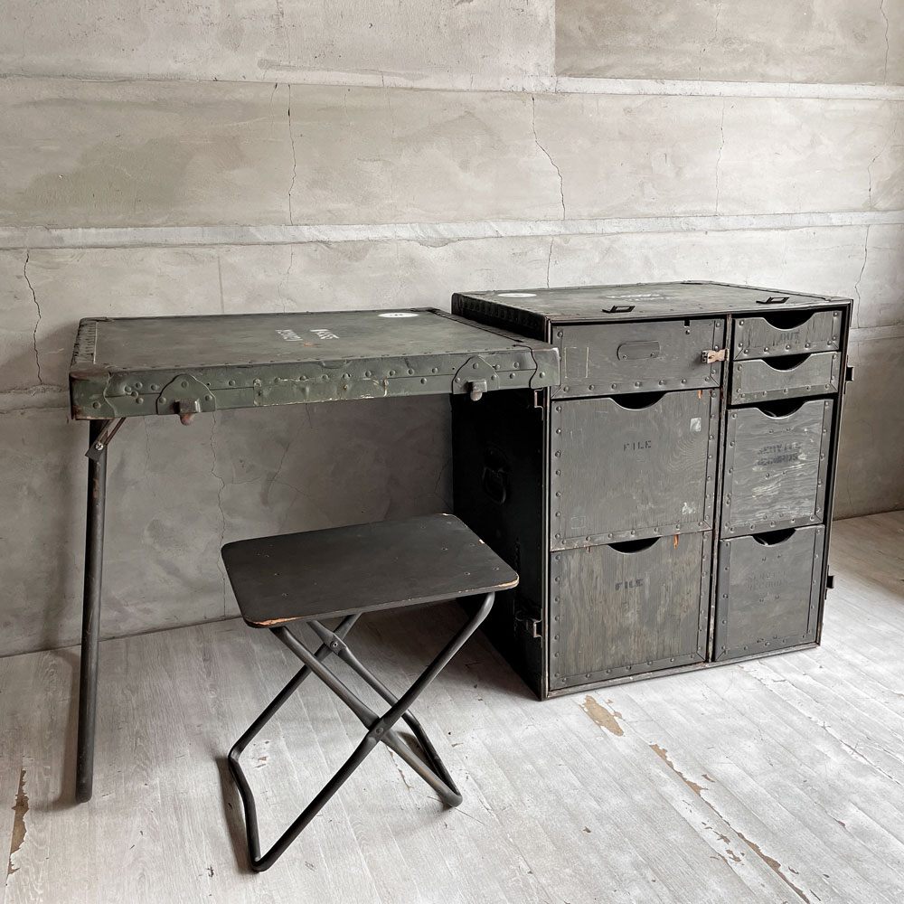 USビンテージ Vintage フィールドデスク フォールディング 中隊デスク チェスト スツール付き ミリタリー サープラス 米軍 US ARMY ♪