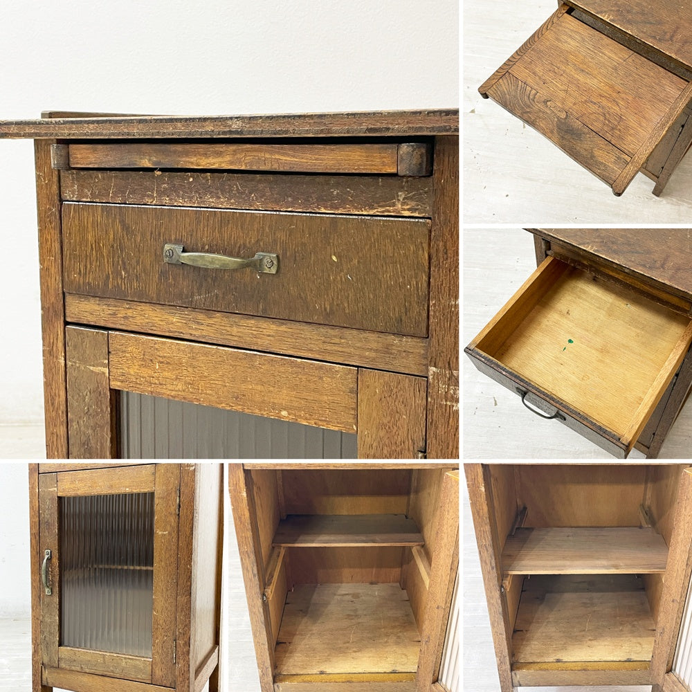 ジャパンビンテージ japan vintage 木製サイドキャビネット 電話台 抽斗 ベロ付き 波ガラス 古家具 レトロ ●