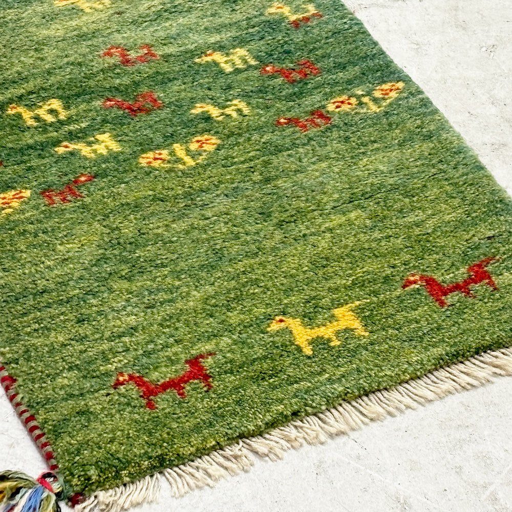 イラン 手織り ギャッベ gabbeh 絨毯 ラグ カーペット 117×60cm グリーン ●